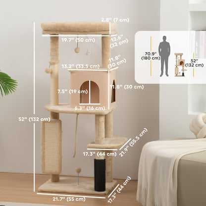 52 Inch Cat Tree with Scratching Posts, Cat Bed, Condo, Grooming Brush, Jumping Platforms, Toy Balls, Anti-tip Kit