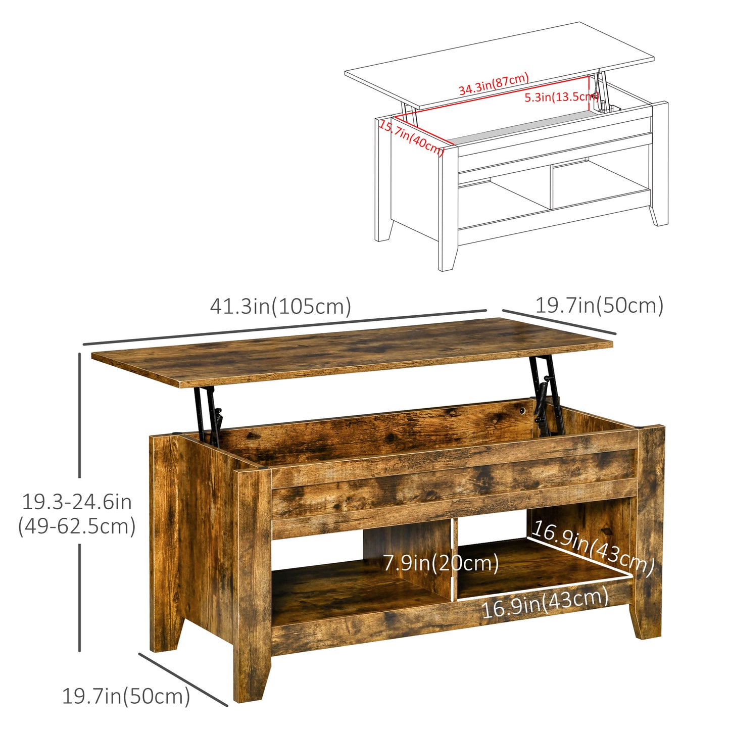 Lift Top Coffee Table with Hidden Storage Compartment and Open Shelves, Lift Tabletop Pop-Up Center Table for Living Room, Brown