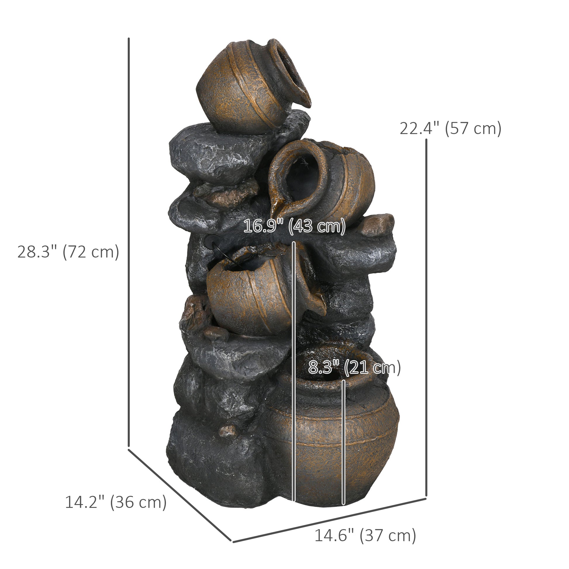 28.3" Solar Water Fountain, 4-Tier Resin Cascading Jars and Stacked Stones Outdoor Waterfall Fountain with LED Lights
