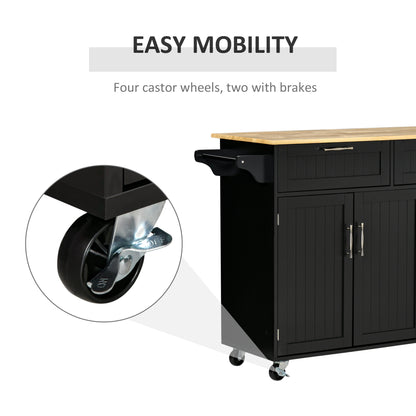 Modern Kitchen Island, Utility Kitchen Serving Cart with 2 Storage Drawers & Cabinets for Dining Room, Black
