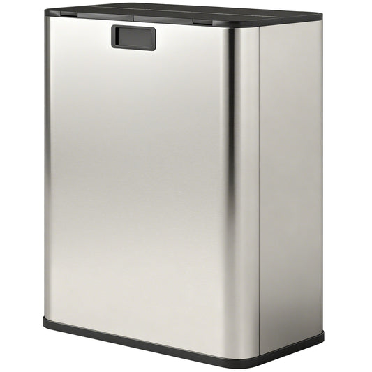 Dual Trash Can with Soft-Close Lid, Garbage Can with Removable Inner Bucket for Kitchen 14.8gal, Silver
