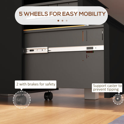3 Drawer File Cabinet with Lock, Steel Vertical Filing Cabinet with 5 Wheels and Hanging Bar for A4/Legal/Letter, Home Office Printer Stand with Pre-Assembled Body, Black