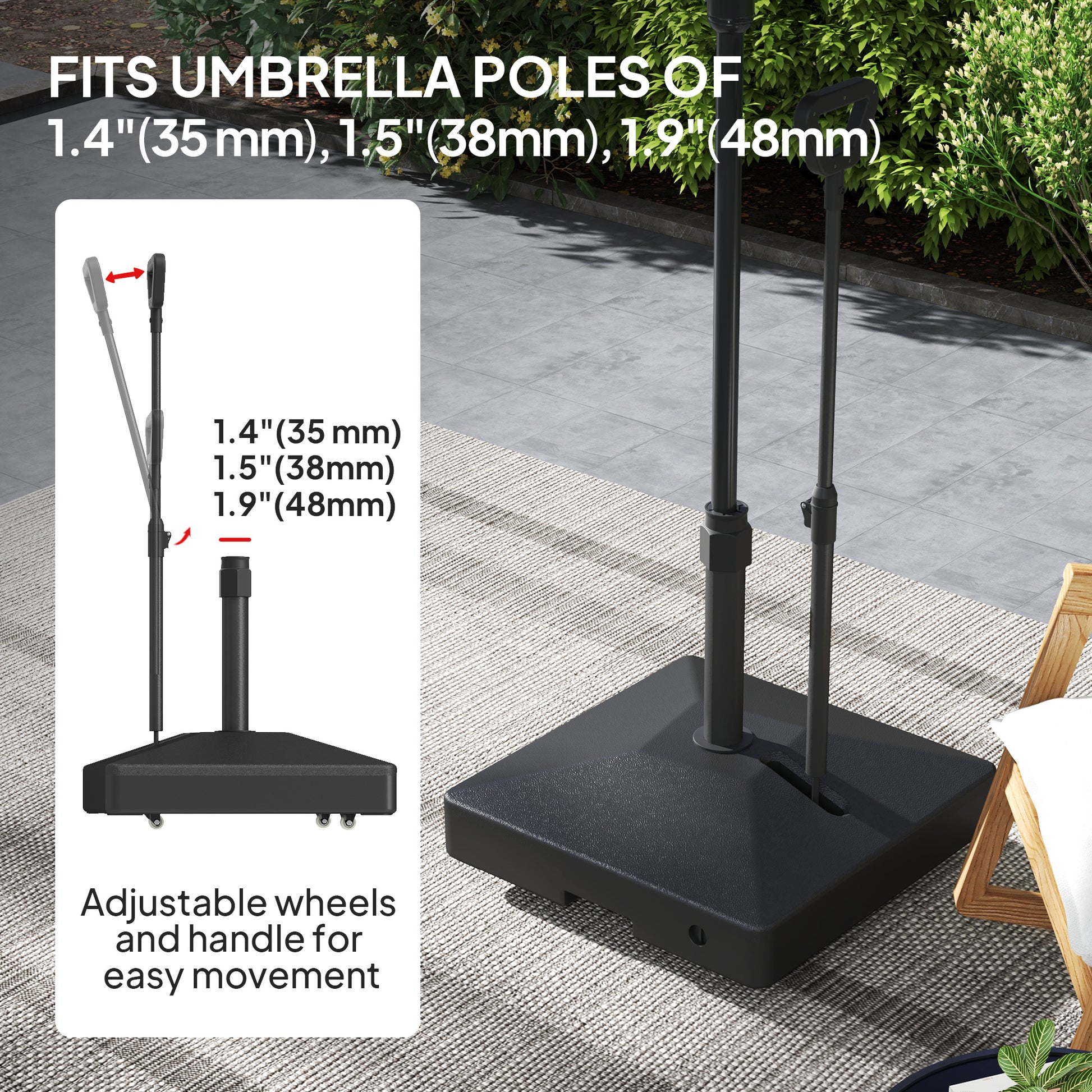 Square Plastic Patio Umbrella Base with Adjustable Wheels, Handle, Outdoor Patio Umbrella Stand, Filled Up to 121lb with Stand, 99lb with Water for Garden Poolside, Black