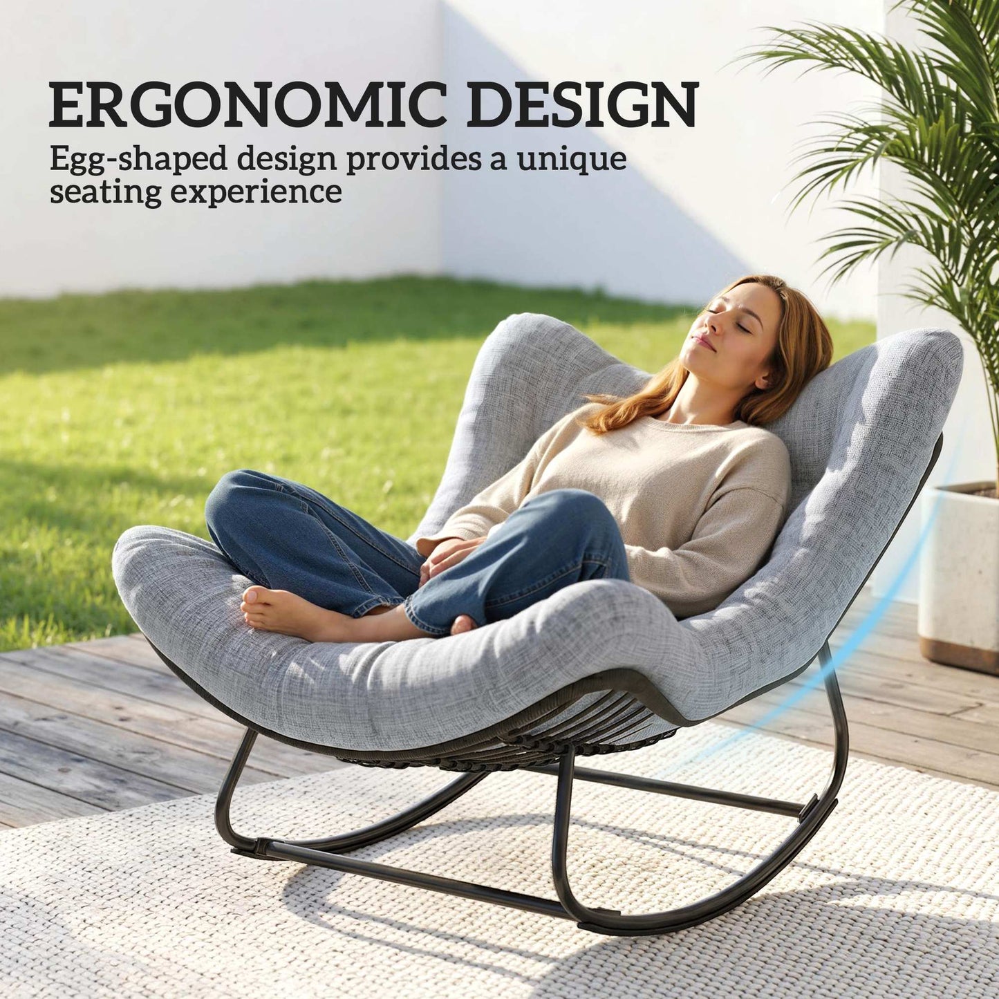 Oversized Rattan Patio Egg Chair, Outdoor Rocking Chair with Padded Cushion for Indoor, Porch, Grey