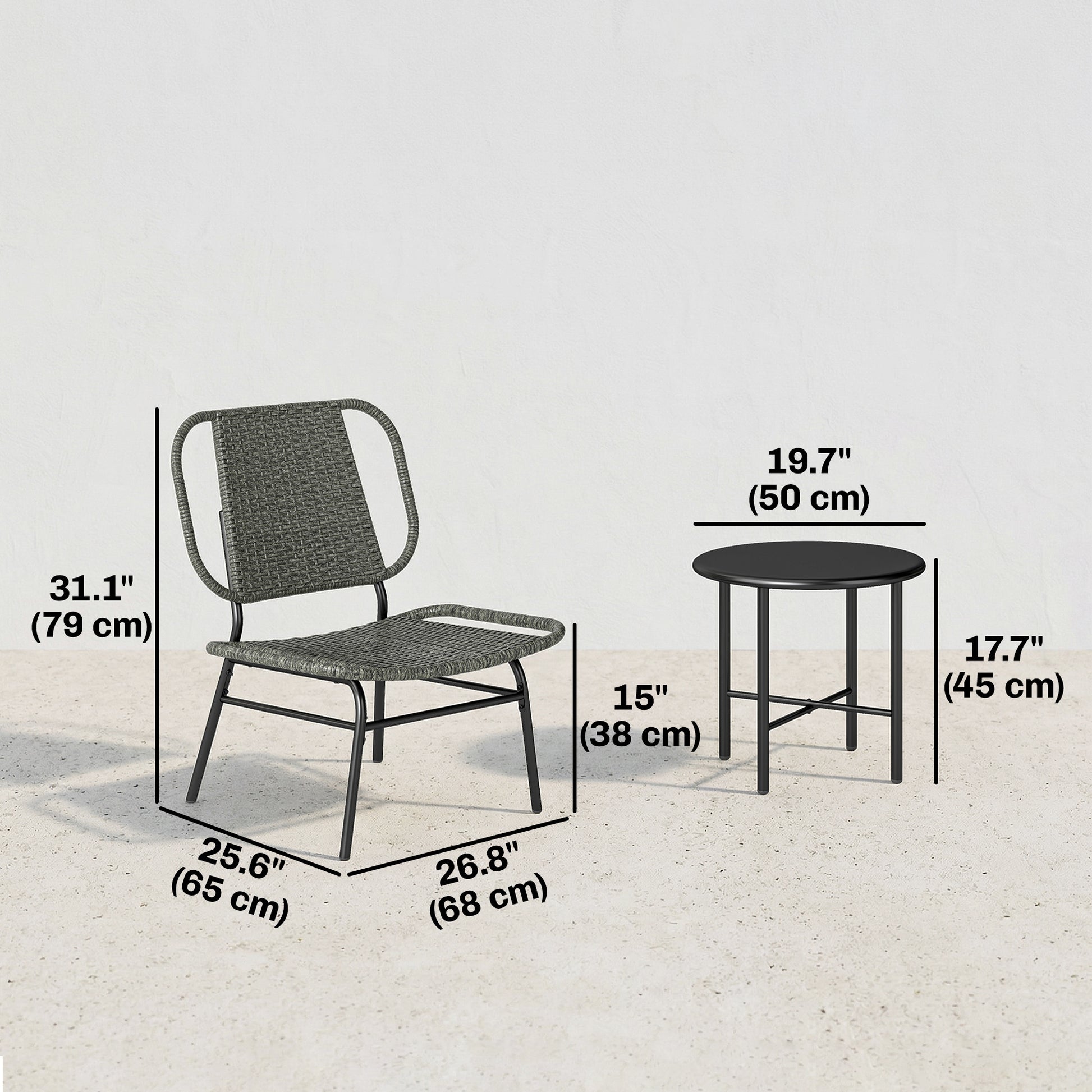 3 Piece Wicker Patio Furniture Set, Outdoor Bistro Set with Steel Table, Rattan Outdoor Conversation Furniture, Grey