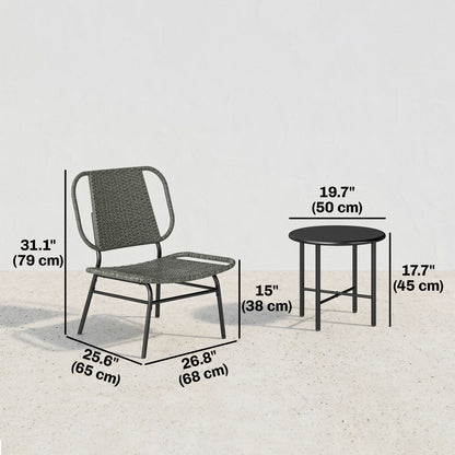 3 Piece Wicker Patio Furniture Set, Outdoor Bistro Set with Steel Table, Rattan Outdoor Conversation Furniture, Grey