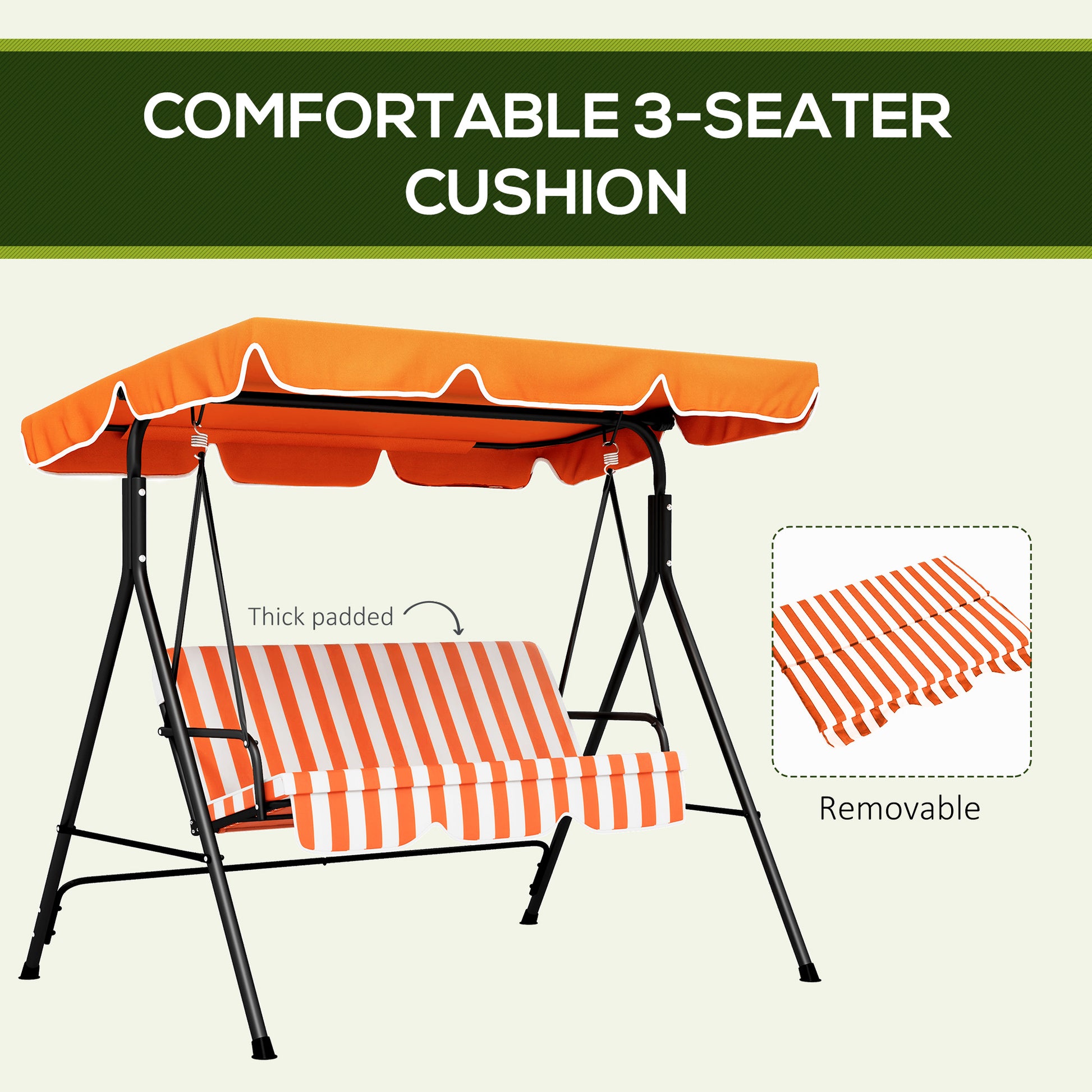 3-Seater Outdoor Porch Swing with Adjustable Canopy, Patio Swing Chair for Garden, Poolside, Backyard, Orange