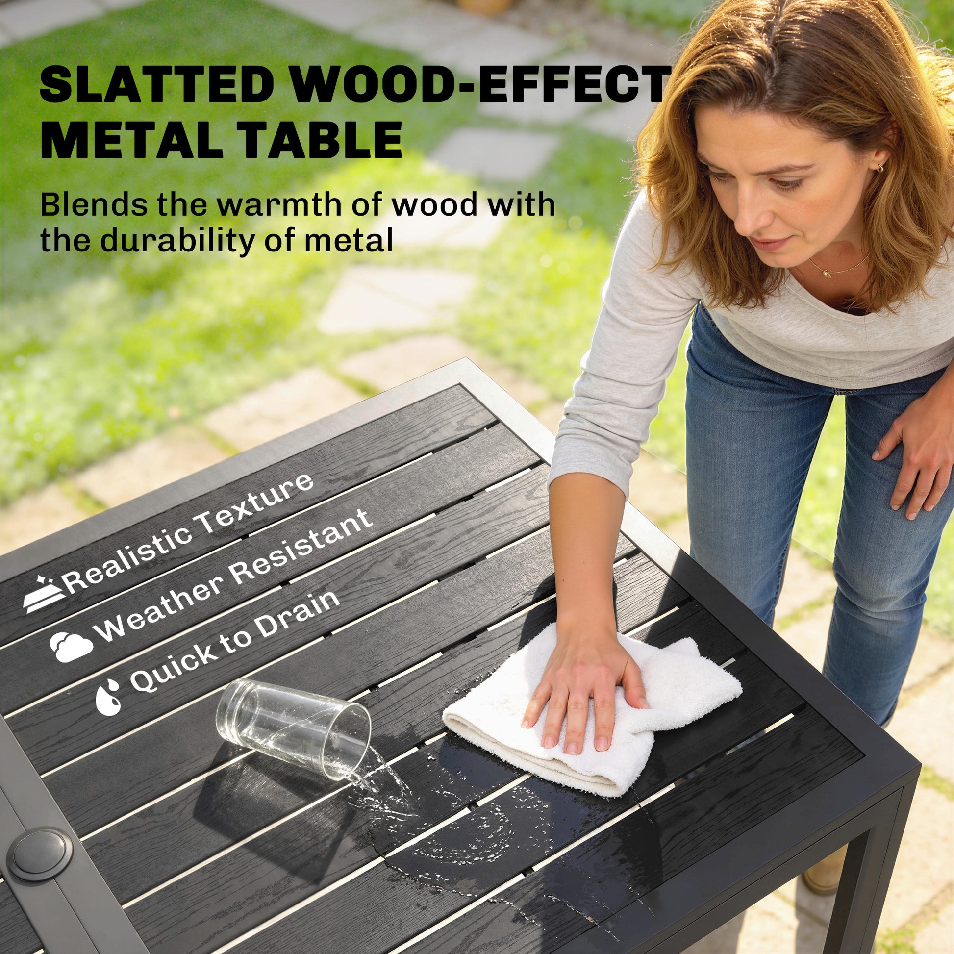 Outdoor Dining Set for 6, Faux Wood Metal Patio Table and Mesh Stackable Chairs with Umbrella Hole, Mixed Grey