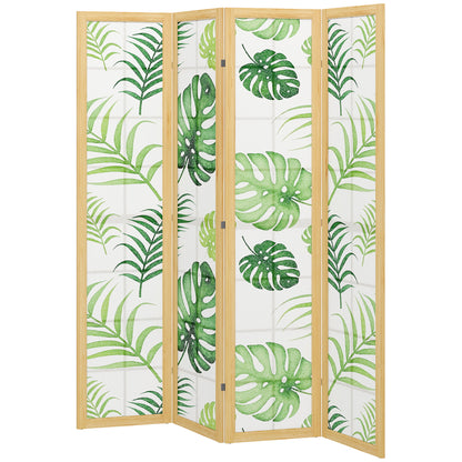 4 Panel Folding Privacy Screen, 67" Room Divider with Palm Leaf Design for Living Room Bedroom, Natural and Green