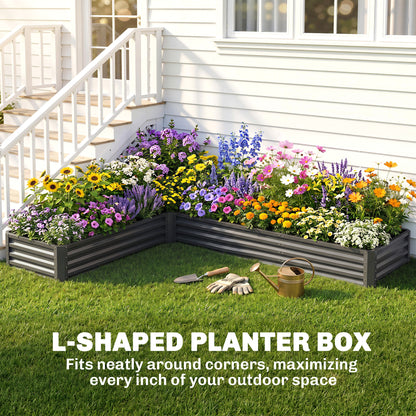 L-Shaped Raised Garden Bed, 82" x 109" x 12" Galvanized Steel Planter Box with Multi-reinforced Rods for Vegetables, Flowers and Herbs, Dark Grey