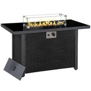 Propane Fire Pit Table 43in Outdoor Fire Table, 50,000 BTU Pulse-Ignition Wicker Firepit Furniture with Glass Wind Guard, Blue Glass Rock, CSA Certification, Black