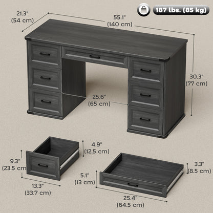 55" Computer Desk with 7 Drawers, Farmhouse Executive Desk for Home Office, Study, Bedroom, Black Wood Grain