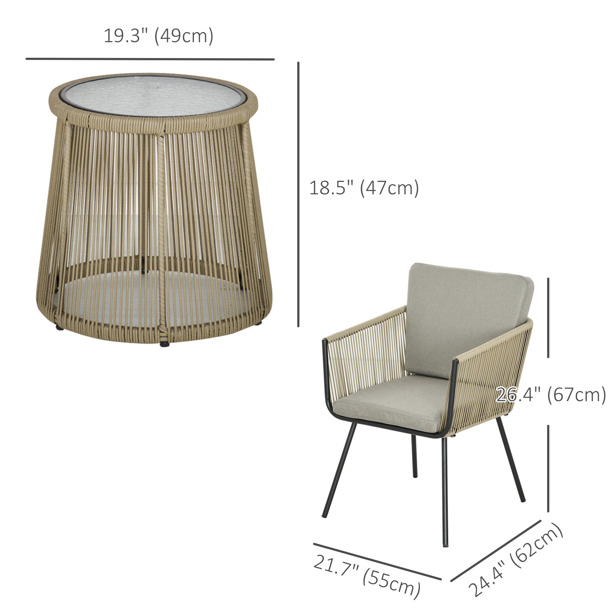 3 Piece Outdoor Patio Bistro Set, Wicker Rattan Furniture with Metal Legs for Garden, Backyard, Coffee and Light Grey