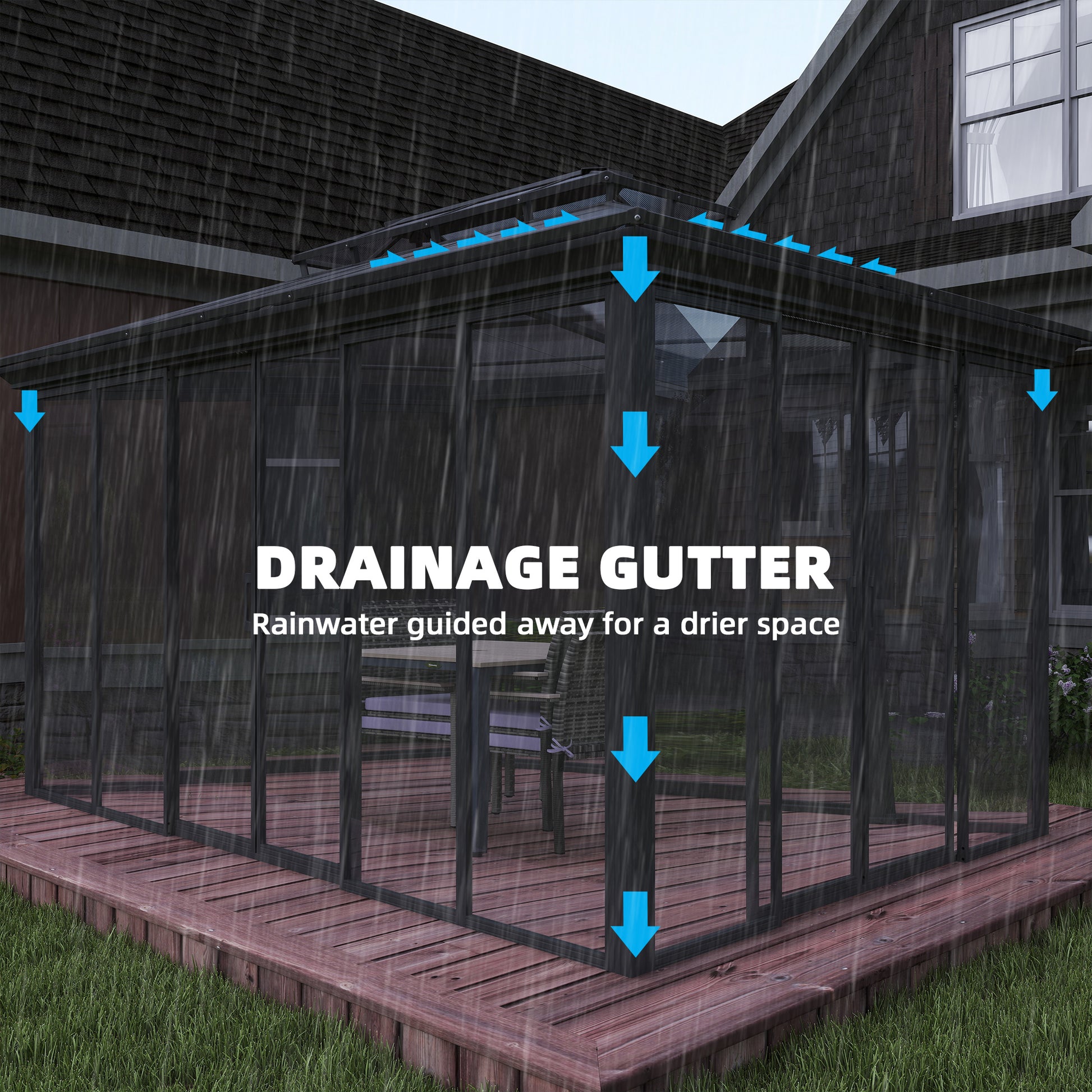 10' x 14' Sun Room with Double Roof Sliding Doors Hardtop Gazebo Solarium with Rain Gutter Dark Grey