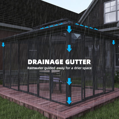 10' x 14' Sun Room with Double Roof Sliding Doors Hardtop Gazebo Solarium with Rain Gutter Dark Grey