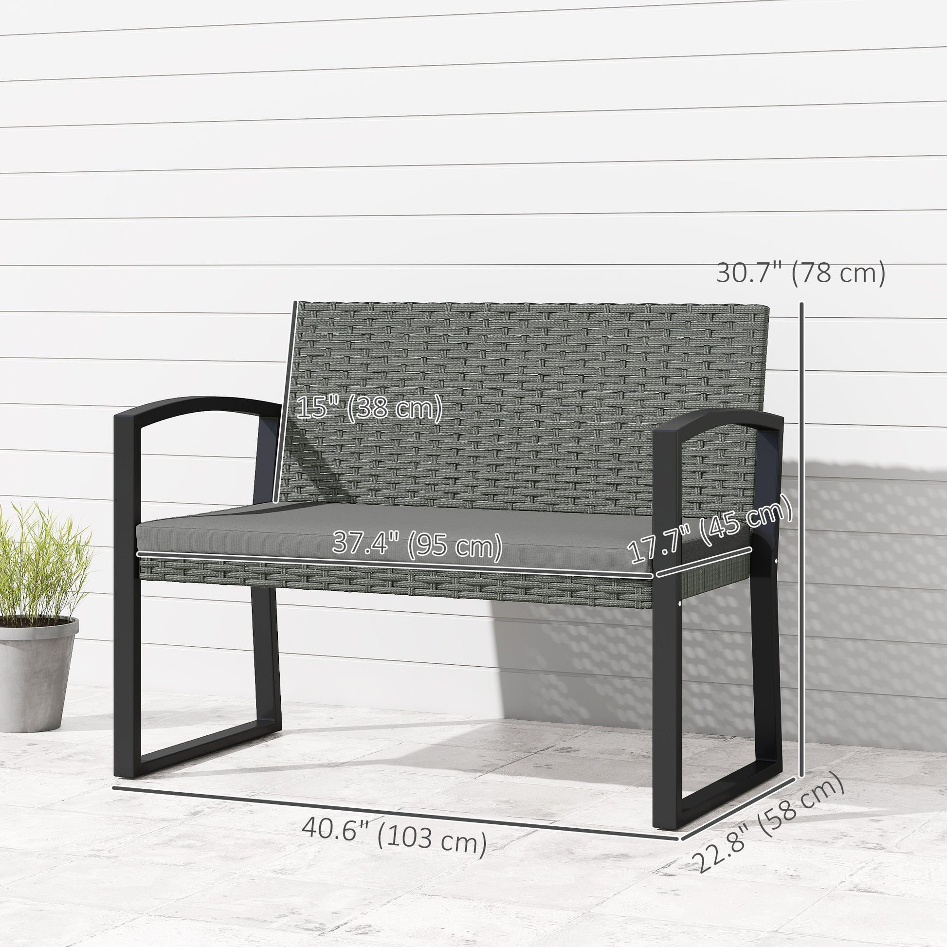 2 Seater Outdoor Bench, Rattan Garden Bench Loveseat with Cushion, Armrests, Steel Frame for Patio, Porch, Light Grey