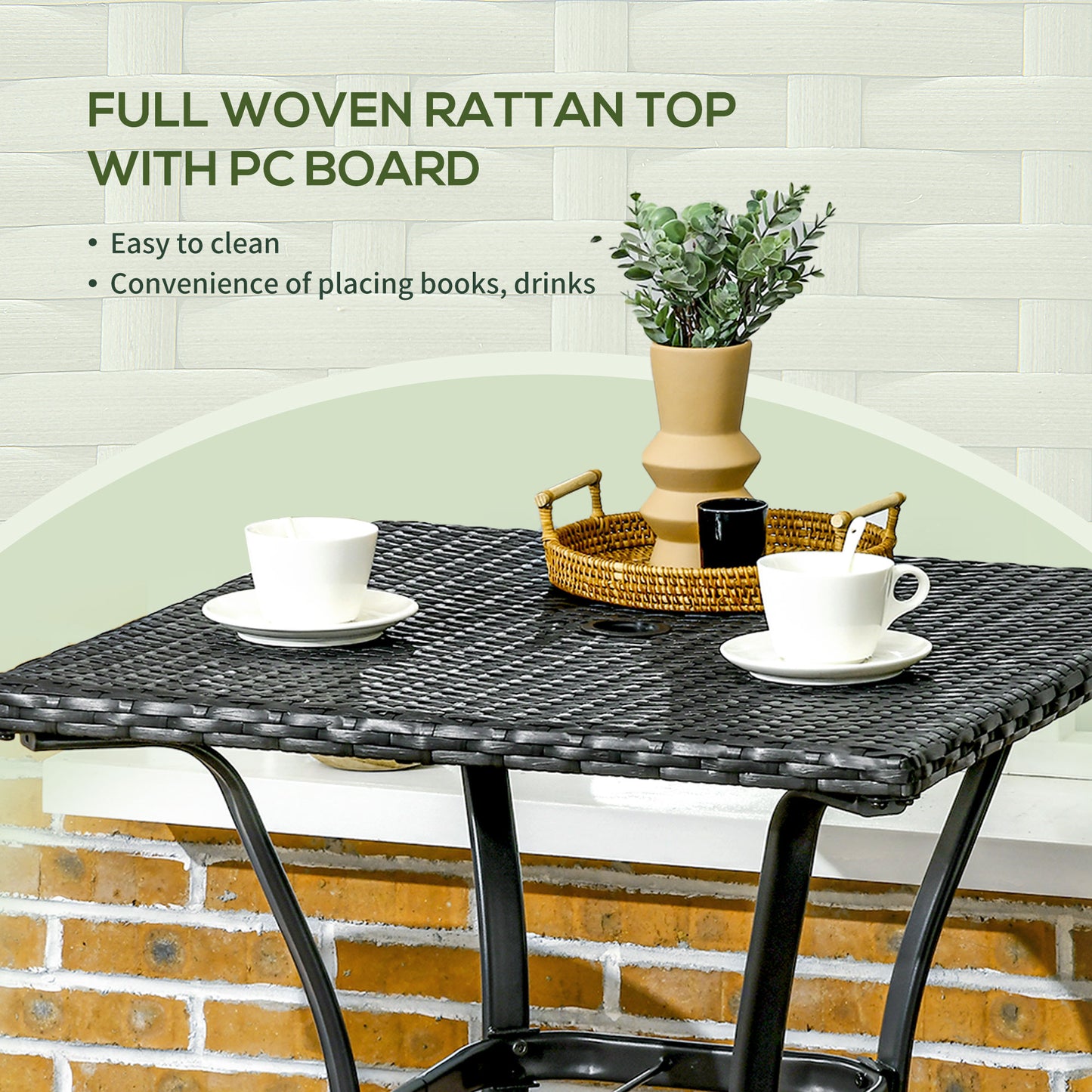 Patio Wicker Dining Table with Umbrella Hole, 34 Inch Outdoor PE Rattan Coffee Table with Plastic Board Under the Woven Table Top for Patio, Garden, Balcony, Black