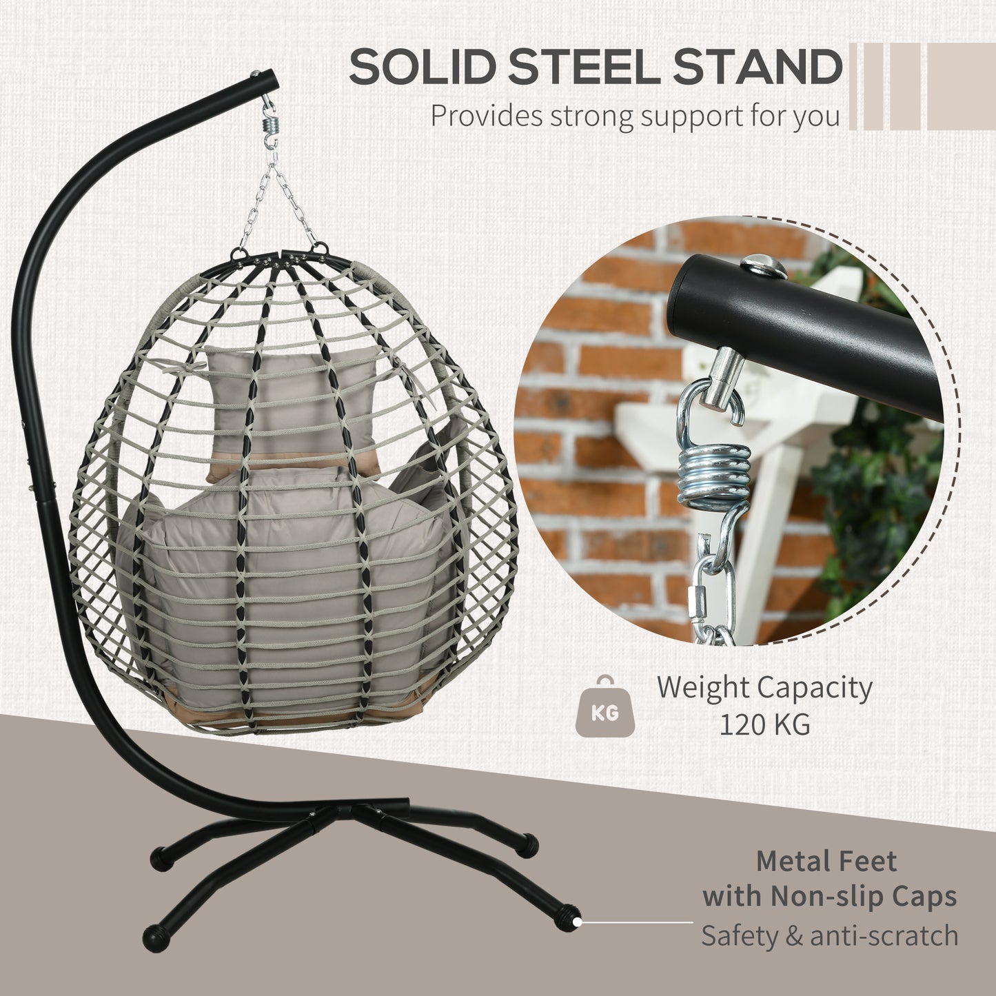Outdoor Hanging Egg Chair with Thick Padded Cushion, Patio Swing Chair, Grey