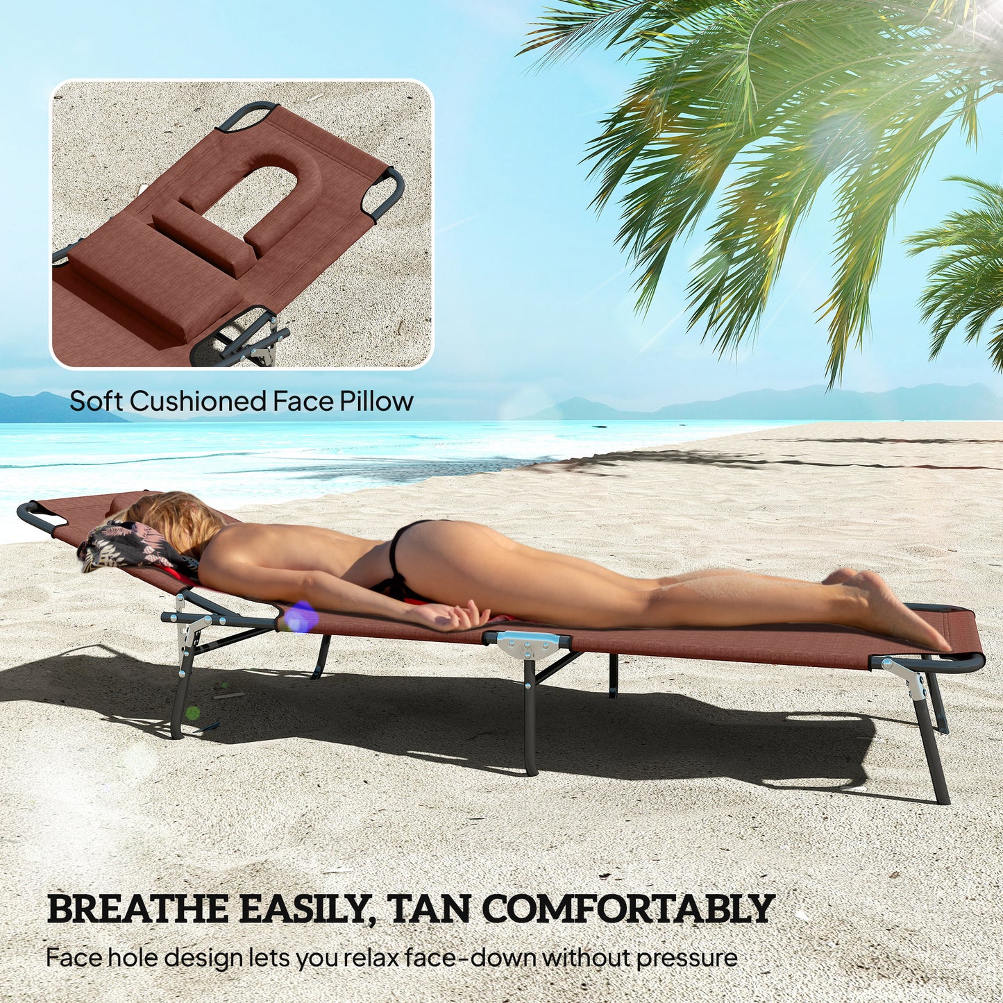 Folding Chaise Lounge Chair, Reclining Beach Tanning Chair with Face Hole, Pillow, 4-Position Adjustable Lay Flat Sun Lounger, Steel Frame for Outdoor Patio Pool, Brown