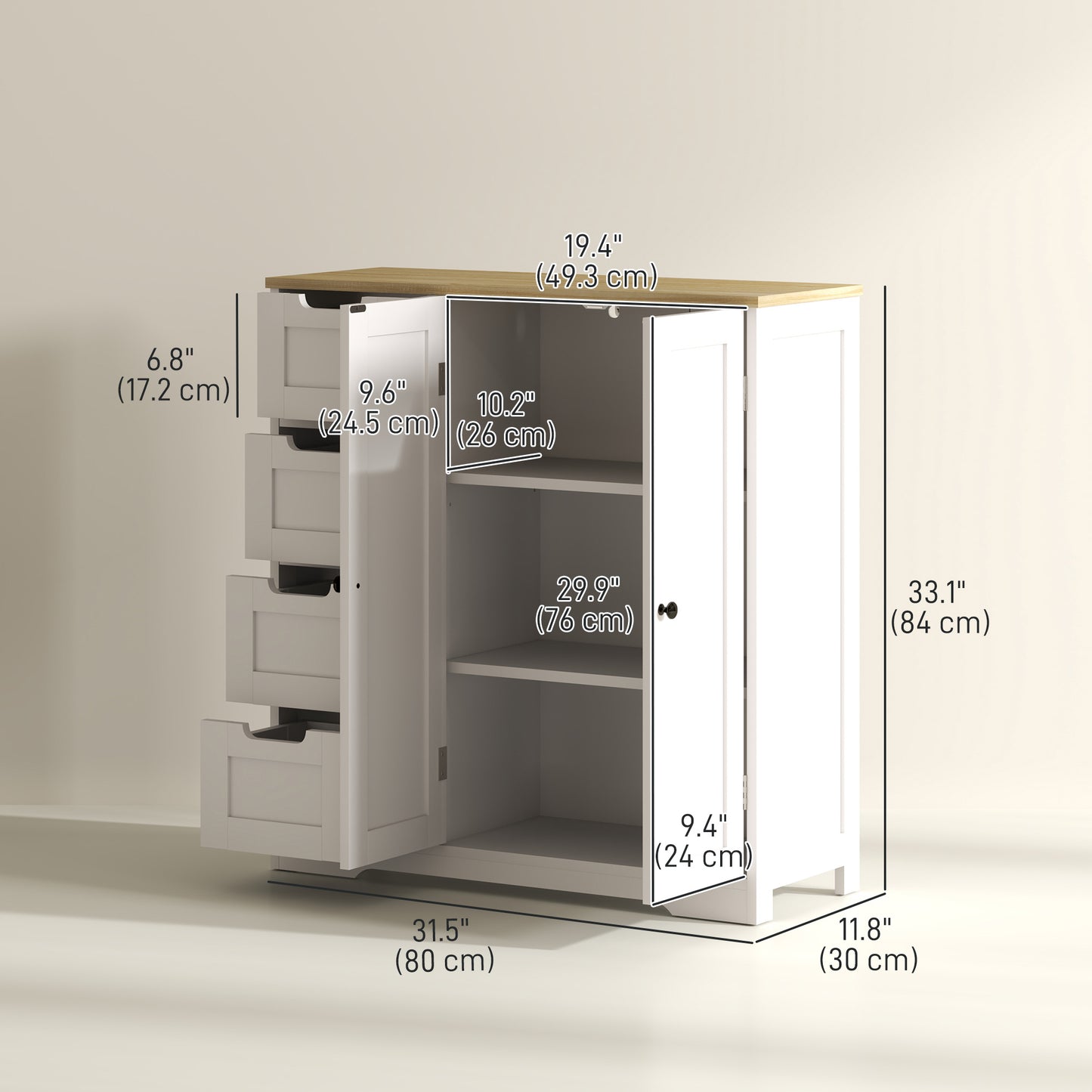 Freestanding Bathroom Floor Cabinet, Modern Bathroom Cabinet with Adjustable Shelf, 4 Drawers and 2 Doors, White