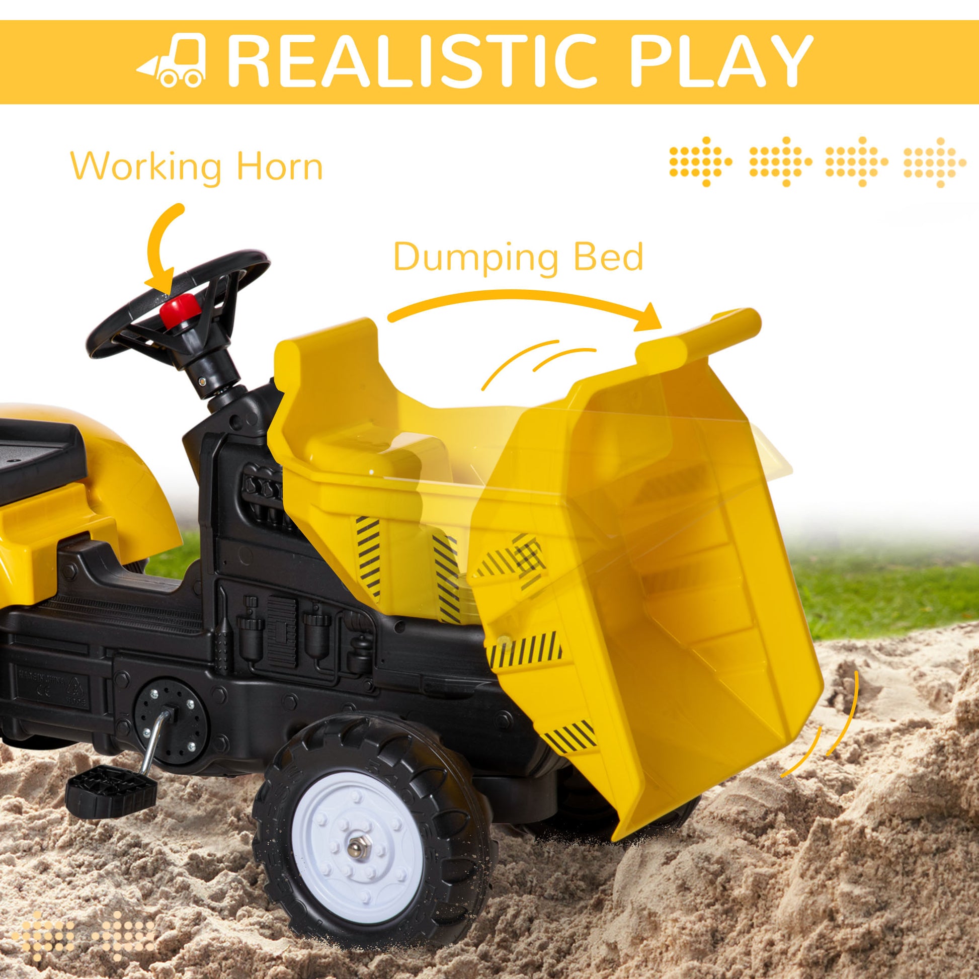 Aosom Ride on Toy Dump Truck for Kids, Pedal Construction Car with Detachable Trailer for 3 Year Old, Yellow