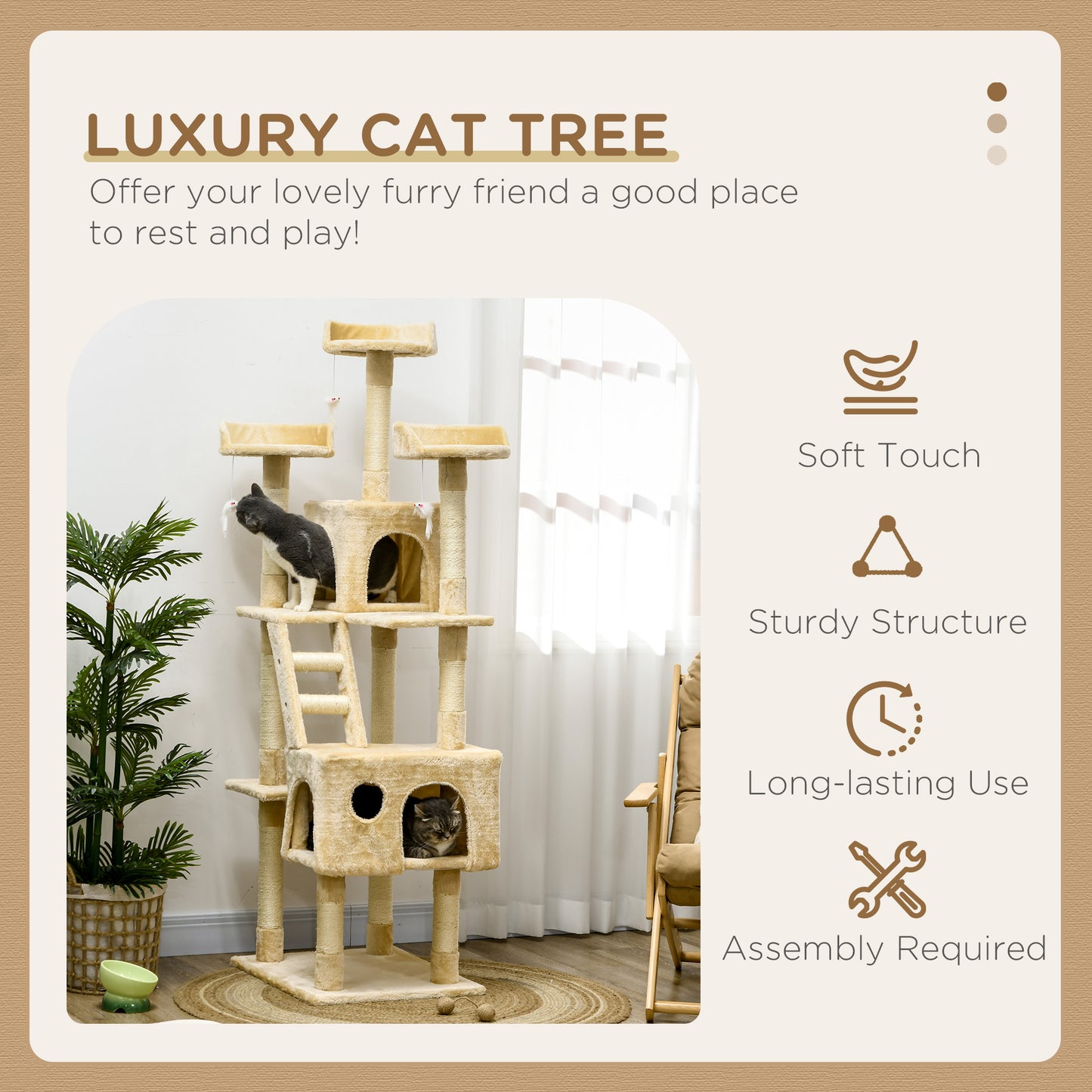 71-Inch Multi Level Scratching Cat Tree Kitty Condo Activity Center with Toys, Beige