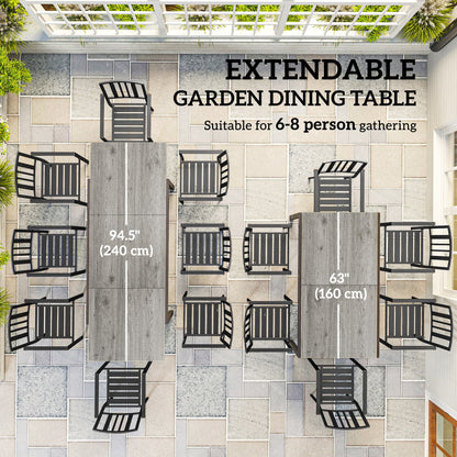 63"-94.5" Extendable Patio Dining Table for 6-8 Person, Outdoor Dining Table with Aluminium Edging, Steel Frame, Grey