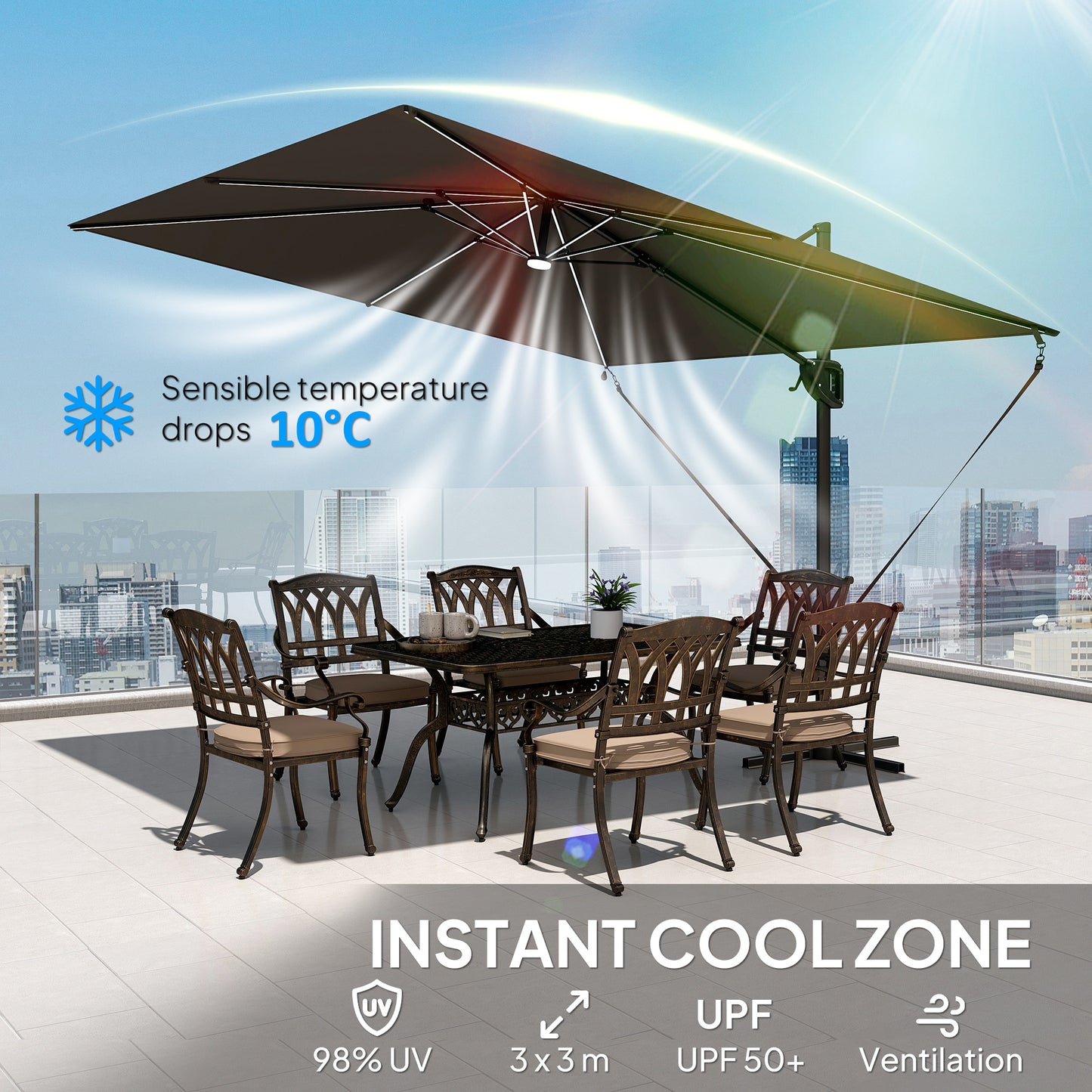 10 x 9.7 ft Offset Cantilever Patio Umbrella with Lights, Wind Rope, UPF50+ Outdoor Cantilever Parasol, Dark Grey