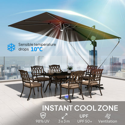 10 x 9.7 ft Offset Cantilever Patio Umbrella with Lights, Wind Rope, UPF50+ Outdoor Cantilever Parasol, Dark Grey