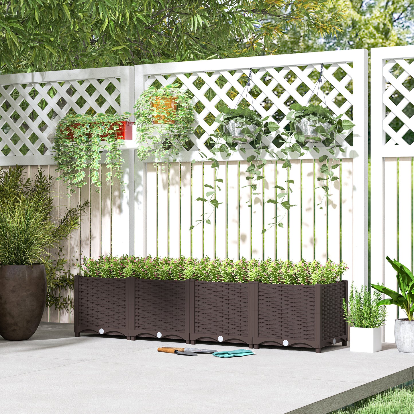 Plastic Raised Garden Bed, Outdoor Planter Box with Drainage Holes for Patio, Balcony, 63" x 15.7" x 14.6", Brown