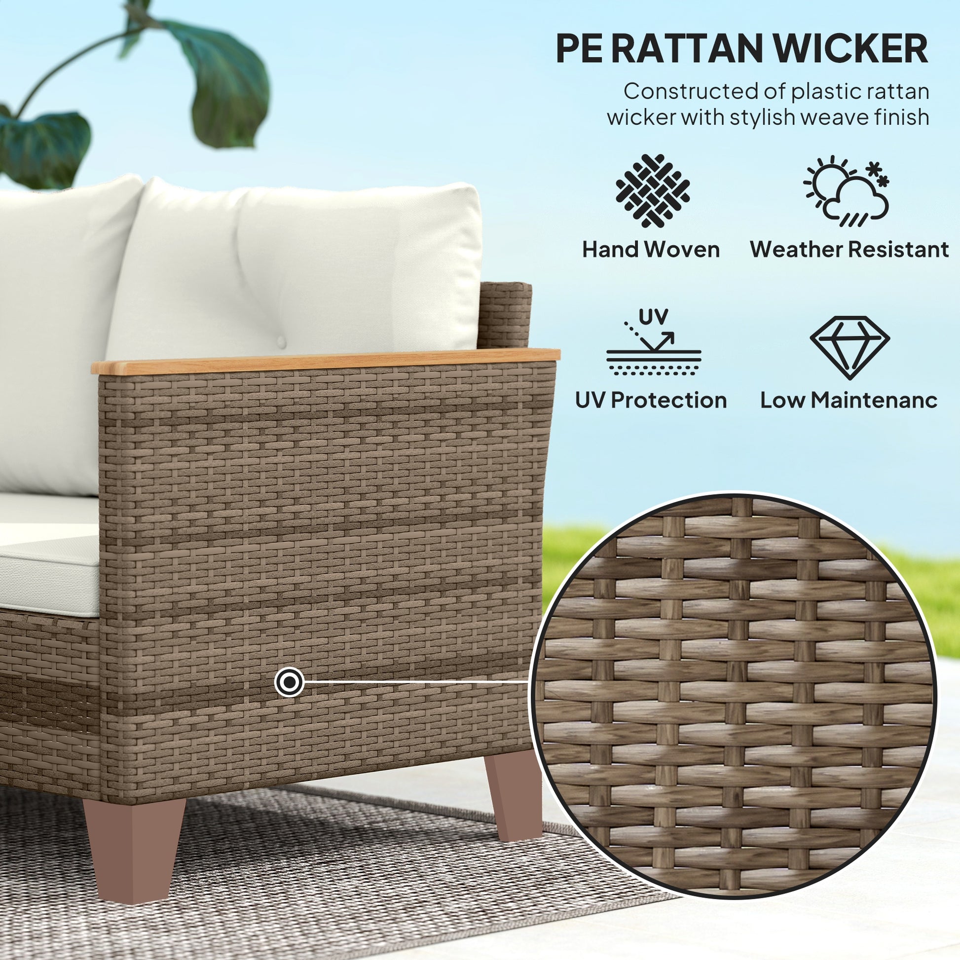 3 Piece Patio Furniture Set, L-Shaped Outdoor Furniture Conversation Set with Wood Top Coffee Table, Cream