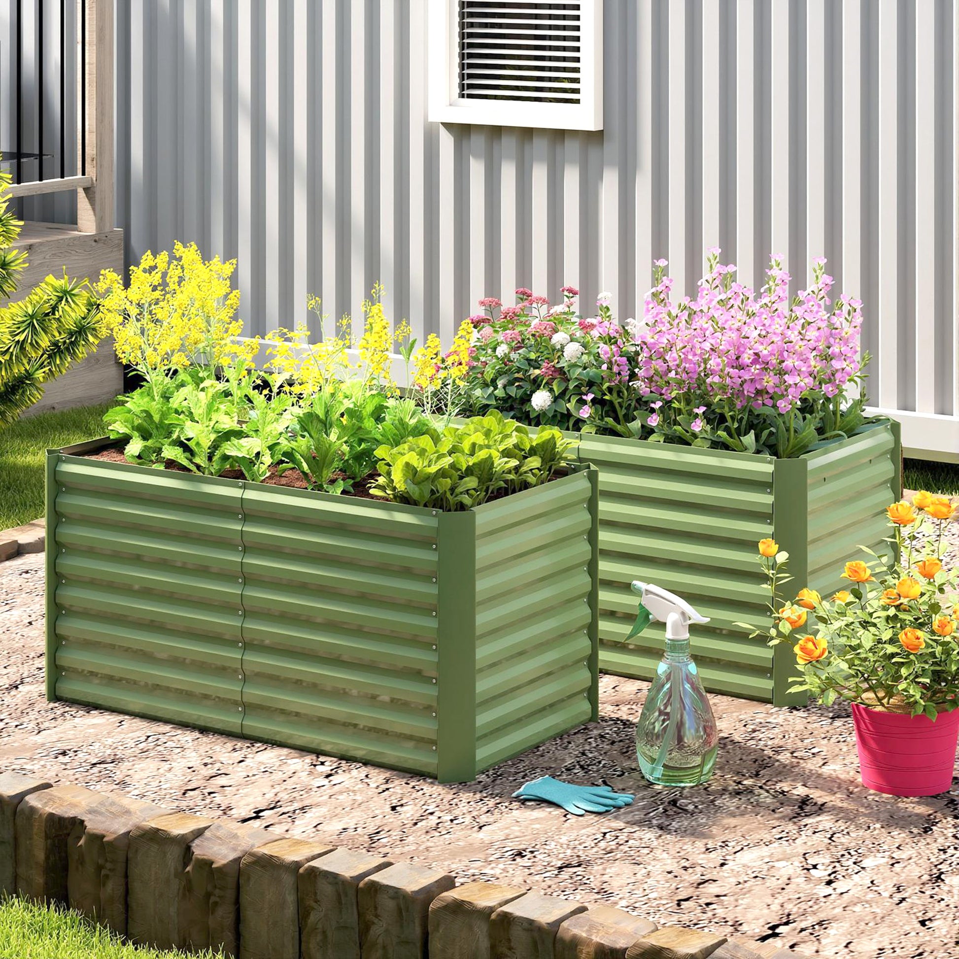 Set of 2 Galvanized Metal Planters for Outdoor Plants, 4' x 2' x 2' Raised Garden Bed, Light Green