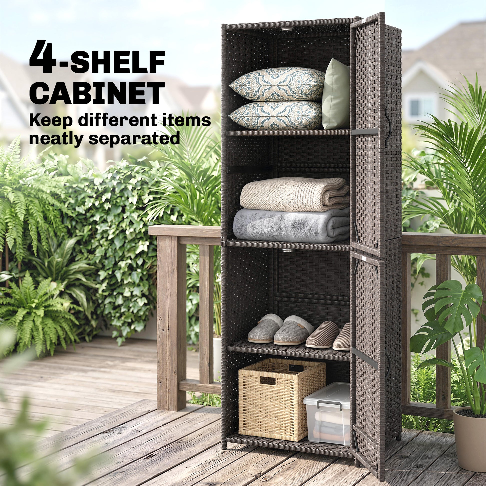 Wicker Outdoor Storage Cabinet, 4 Shelf Patio Storage Cabinet with Adjustable Shelves and Magnetic Doors, Brown