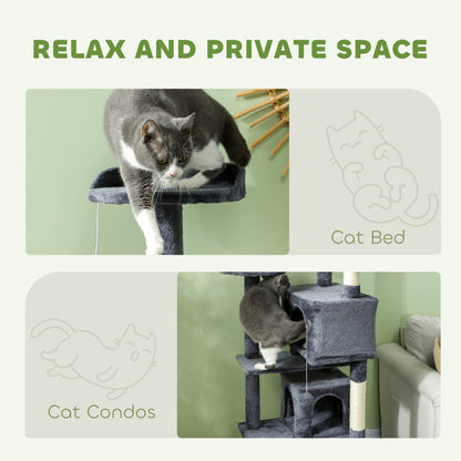 54" Cat Tree, Multi-Level Cat Tower with Scratching Posts, Cat Condos, Bed, Platforms, Ramp, Toy Ball, Dark Grey