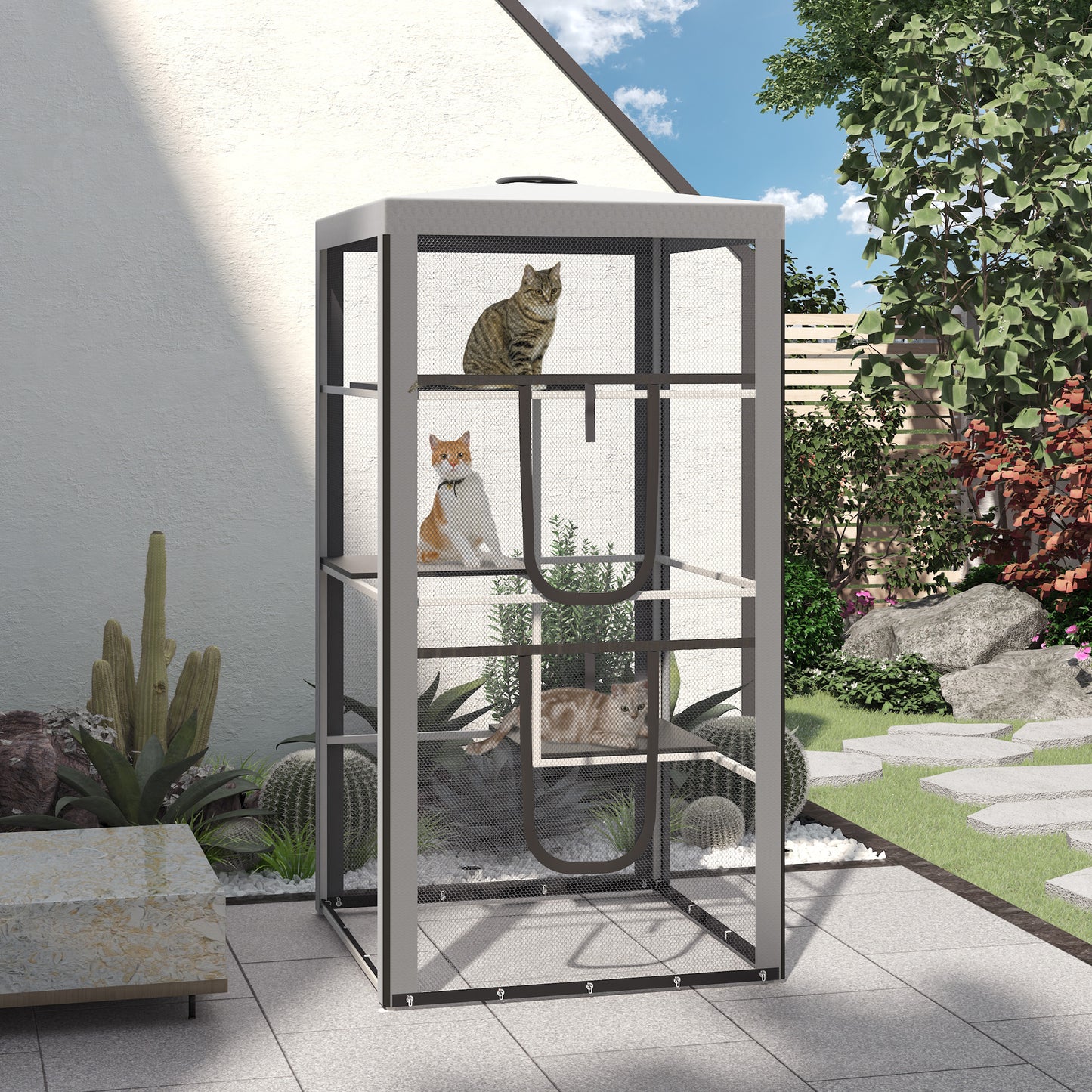 79" Cat Cage, Large Outdoor Kitten House, Indoor Cage Pet Kennel Playpen with 3 Platforms Door 4 Sandbags - Grey