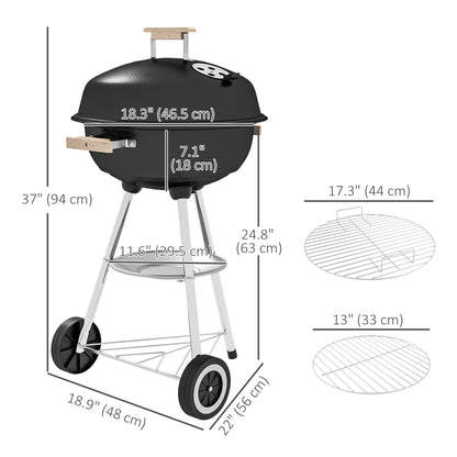 Portable Charcoal BBQ Grill, Steel Outdoor Camp Picnic Cooker with Lid, Air Vents, Wheels and Storage Shelf, Black