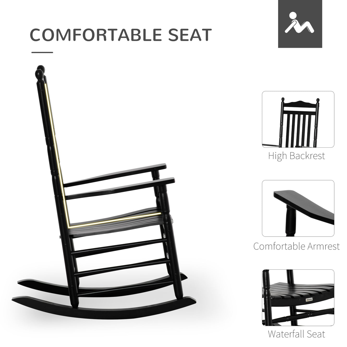 Wooden Outdoor Rocking Chair, Patio Rocking Chair with Slatted High Back and Armrests for Porch, Garden, Lawn, Black