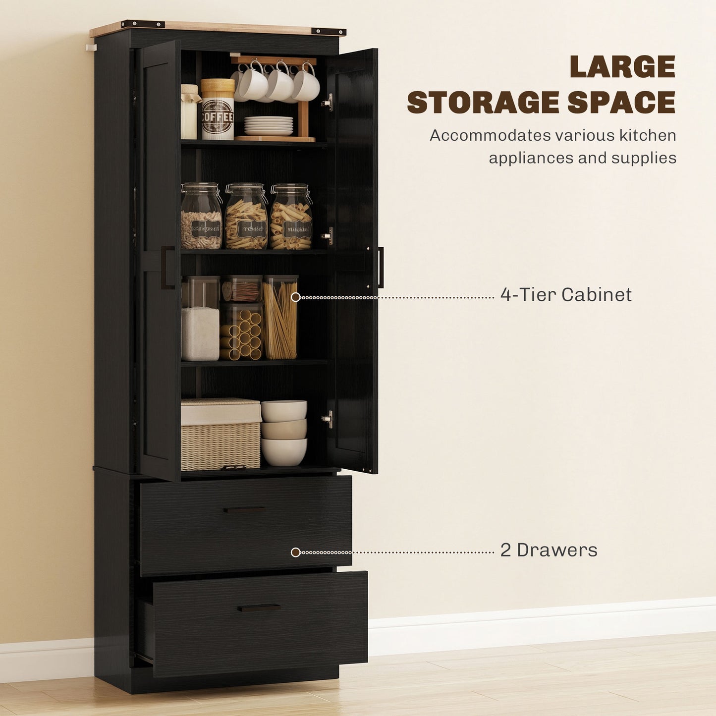 67" Tall Kitchen Pantry Storage Cabinet, Kitchen Pantry Cabinet with Doors, Drawers and Adjustable Shelves, Black