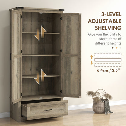 69" Tall Farmhouse Kitchen Pantry Cabinet with 2 Doors, Drawer and Adjustable Shelves, Grey
