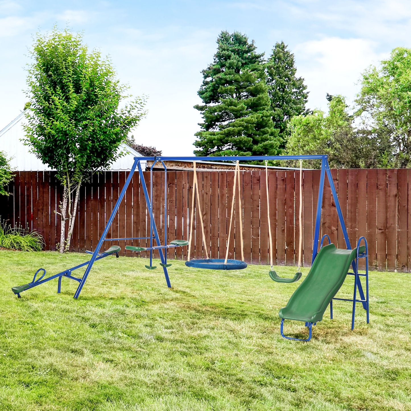5 in1 Kids Swing Set with Saucer Swing, Slide, Seesaw, Glider, Swing Seat for Backyard, Playground