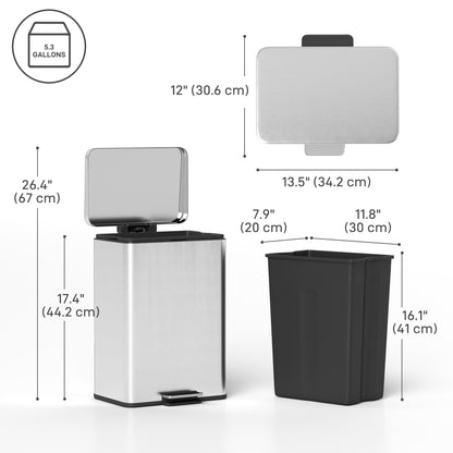 5.3 Gallon/20 L Garbage Bin with Soft Close Lid, Trash Can with Removable Inner Bucket for Kitchen, Office, Silver