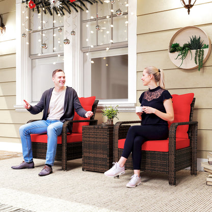 3 Pieces Wicker Patio Furniture Set, Rattan Bistro Set with Storage Coffee Table and Thickened Cushions, Outdoor Conversation Set for Garden, Porch, Balcony, Red