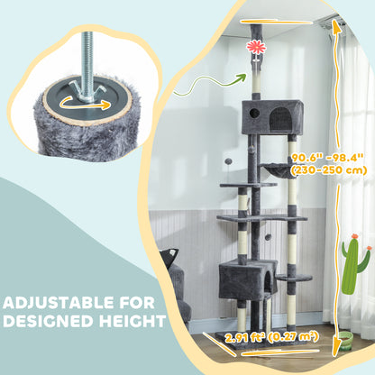 91"-98" Floor to Ceiling Cat Tree with 2 Condos, Hammock and Sisal Scratching Posts, for Indoor, Dark Grey
