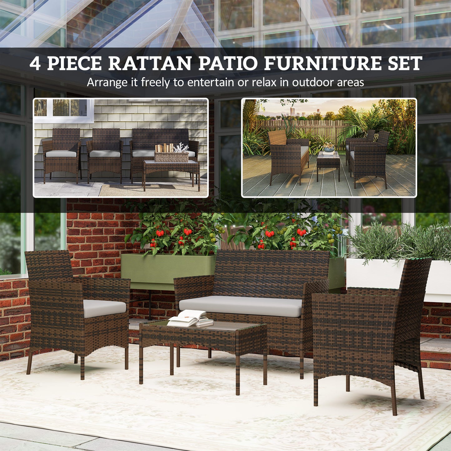 4 Pieces Wicker Outdoor Balcony Furniture Set Rattan Patio Furniture Set with Loveseat Chairs Glass Coffee Table Grey