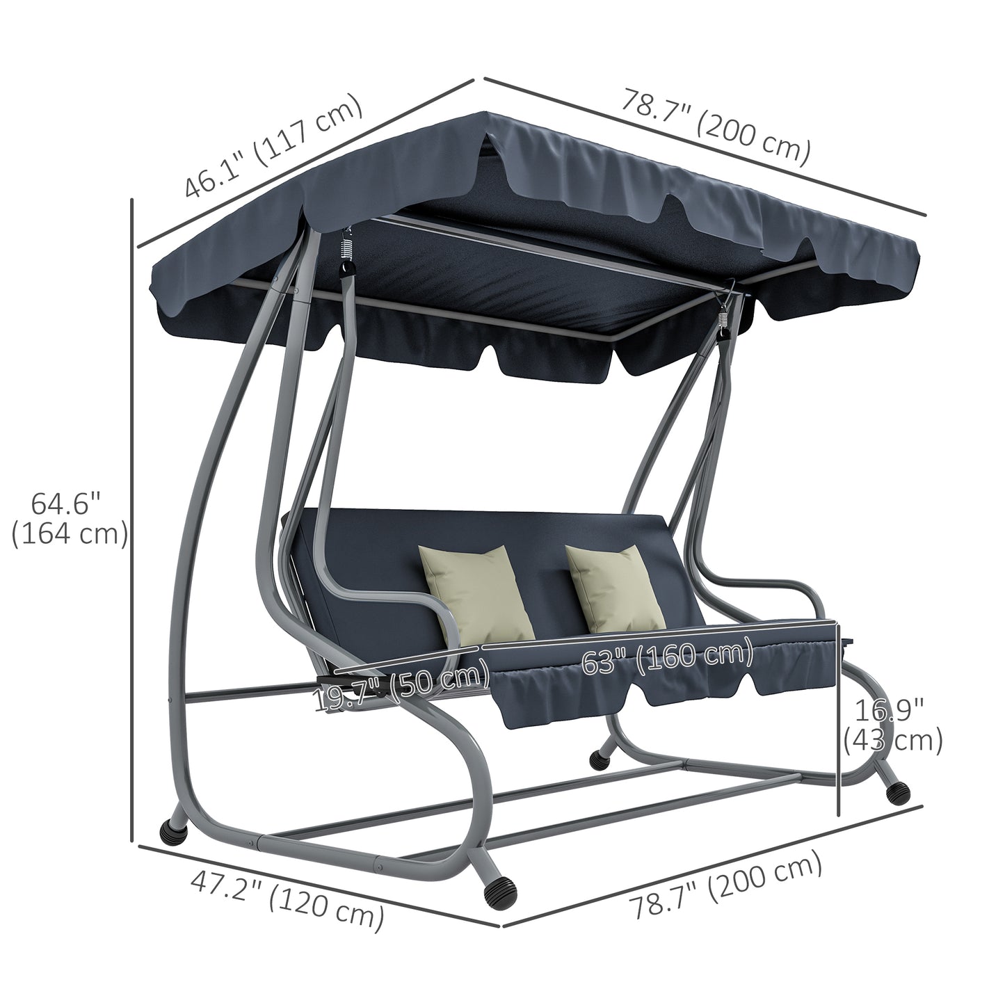3-Seat Outdoor Patio Swing Canopy Chair, Converting Flat Bed with Adjustable Shade, Cushions, Cup Holder, Dark Grey