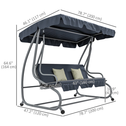 3-Seat Outdoor Patio Swing Canopy Chair, Converting Flat Bed with Adjustable Shade, Cushions, Cup Holder, Dark Grey