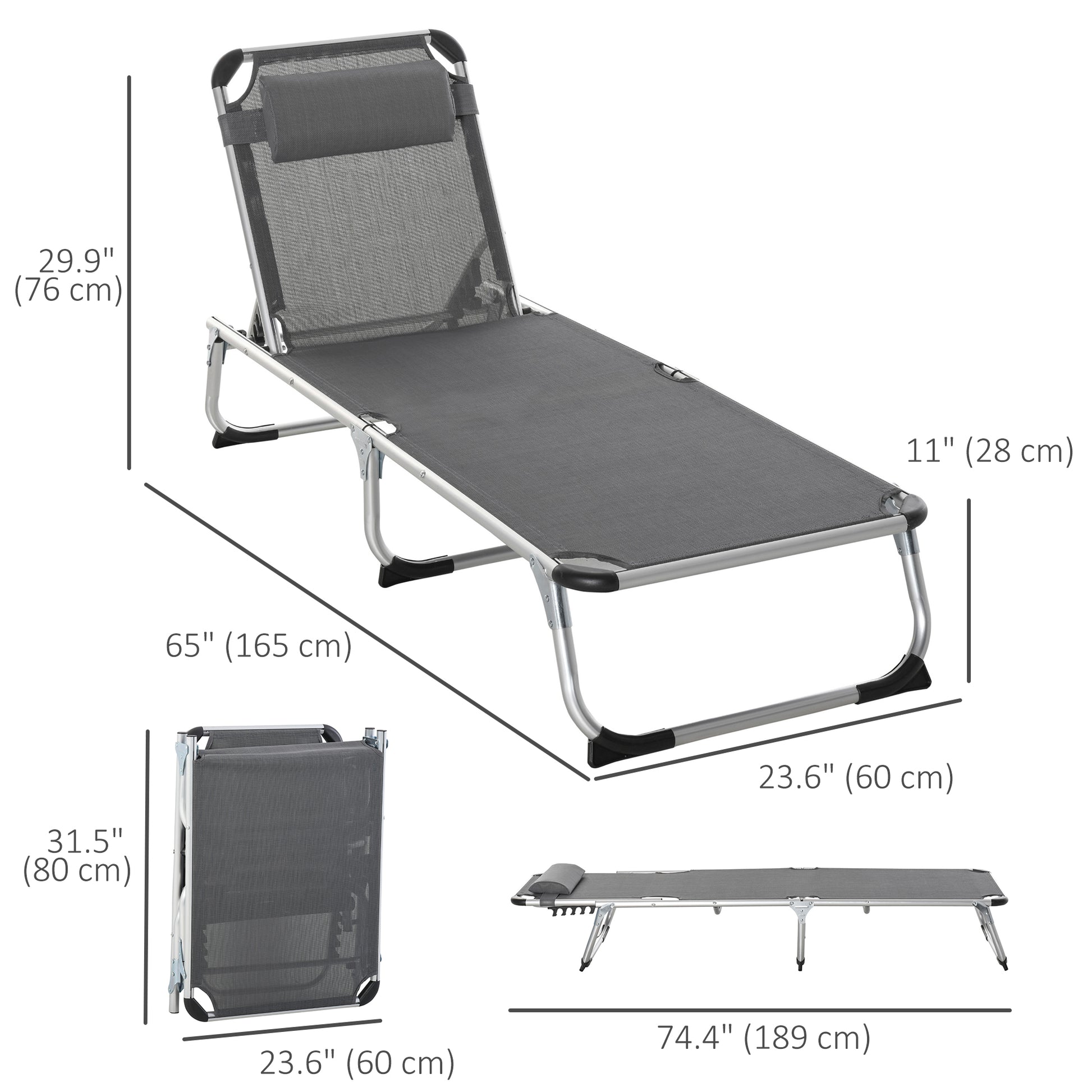Folding Lounge Chair, Aluminum Frame Tanning Chair, Patio Lounger with Headrest, 5-Level Adjustable Backrest, Grey