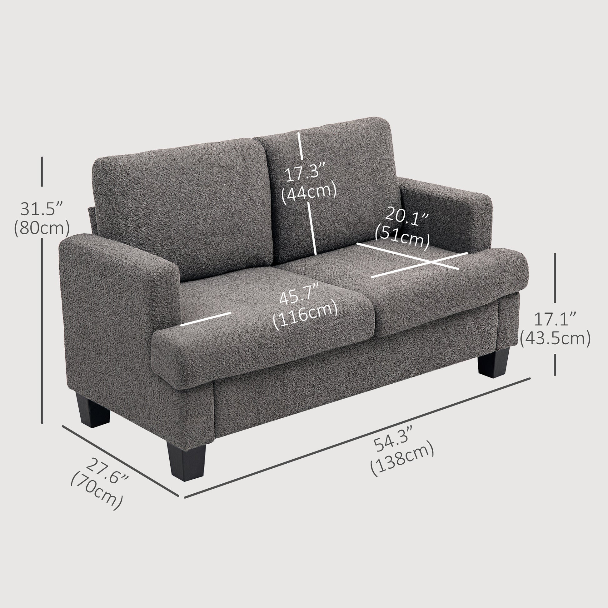 54.3" Loveseat Sofa, 2 Seater Sofa with Removable Cushions, Small Couch with Solid Wood Frame for Living Room, Dark Grey