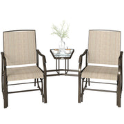 Double Patio Glider Chair with Glass Top Center Table, Outdoor Glider Loveseat with High Back, All Weather Breathable Mesh Fabric for Garden, Backyard, Deck, Light Brown