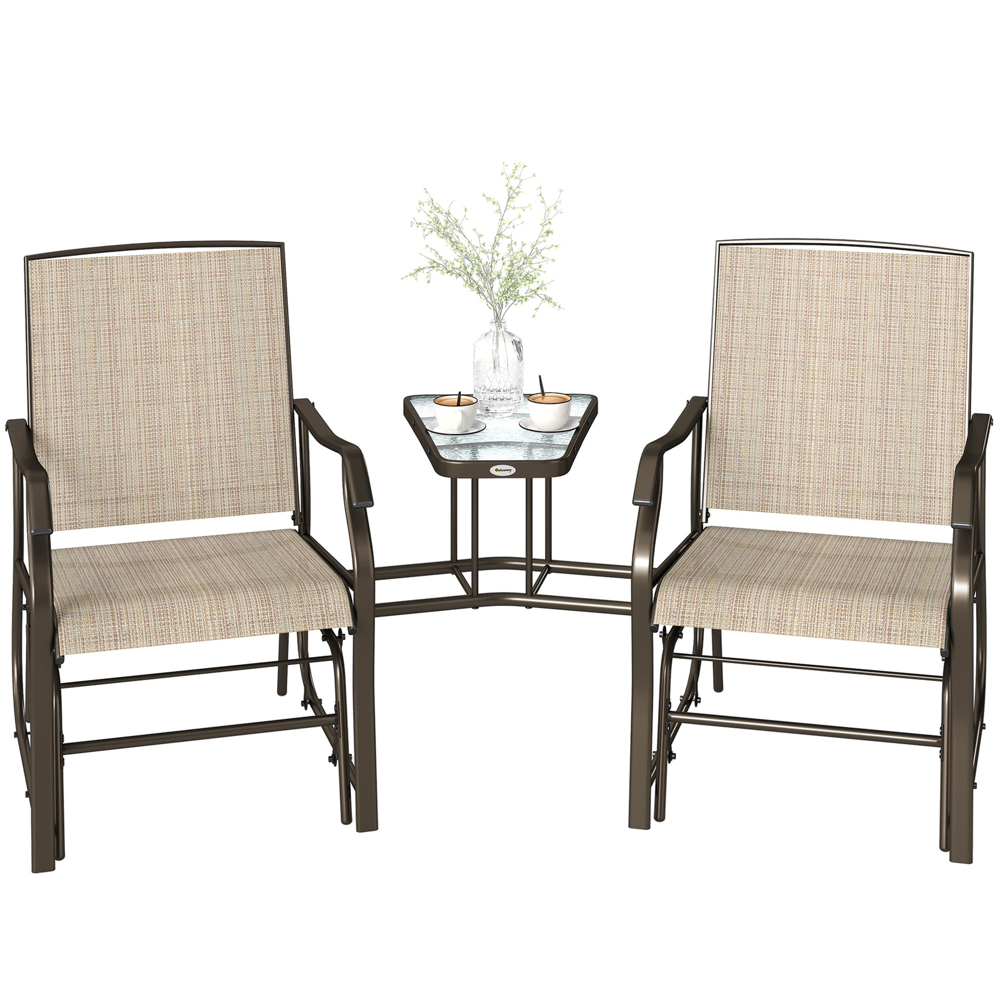 Double Patio Glider Chair with Glass Top Center Table, Outdoor Glider Loveseat with High Back, All Weather Breathable Mesh Fabric for Garden, Backyard, Deck, Light Brown